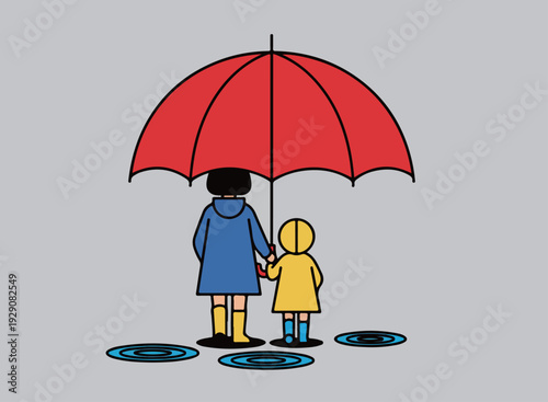Mother and Child Under Umbrella in Rain