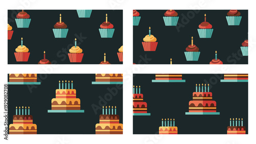 Collection of four seamless patterns featuring delicious cupcakes and multi layered cakes with lit candles on dark backdrops.