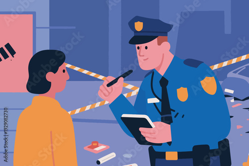 Illustration Of A Police Officer Interrogating A Woman At A Crime Scene Vector Design Template