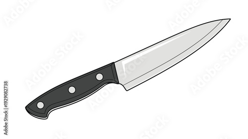 Professional kitchen chef knife with a sharp silver blade and a classic black handle is shown in a clean line art style.