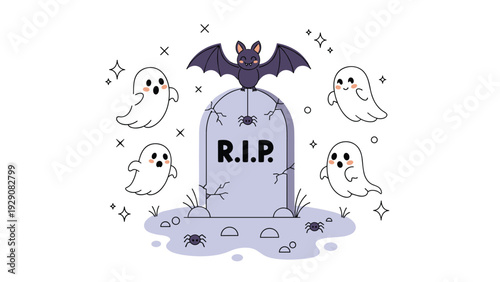 Spooky halloween graveyard scene features a gravestone ghosts a friendly bat and small spiders under a starry night sky.