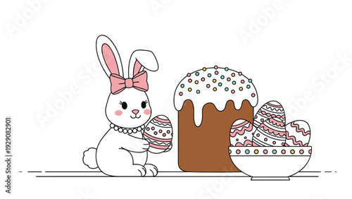 Cute white easter bunny with a pink bow sits next to a bowl of decorated eggs and a traditional frosted paska cake.