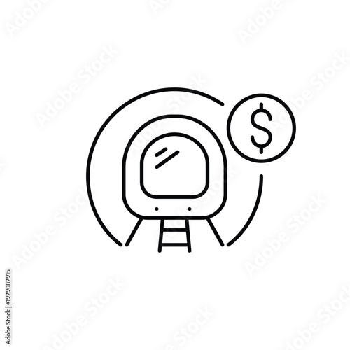 Subway train in a tunnel and dollar. Public transport cost, subway fare payment, transit expense. Pixel perfect, editable stroke vector icon