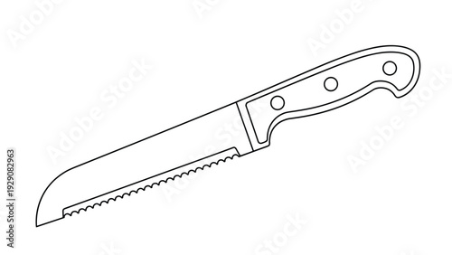 Professional serrated bread knife with an ergonomic handle is shown in a detailed black and white line drawing for kitchenware concepts.