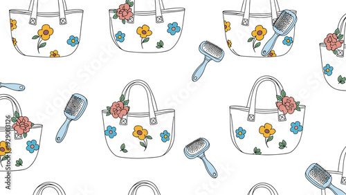 Charming pattern showcases stylish floral handbags and blue hairbrushes scattered across a white background for a fashion theme design.