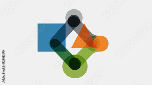 Abstract geometric composition with overlapping translucent colorful shapes and lines.