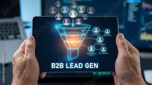 B2B Lead Generation Funnel Concept on Digital Tablet Screen.