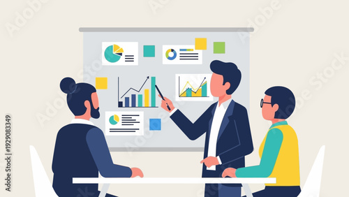 Business meeting with presentation and data analysis.