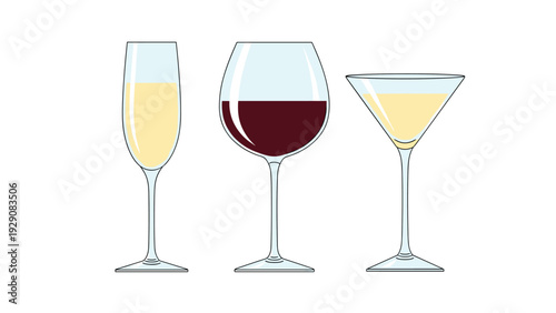 Trio of different glassware for champagne, red wine, and white wine or martinis is presented in a clean and colorful illustration set.