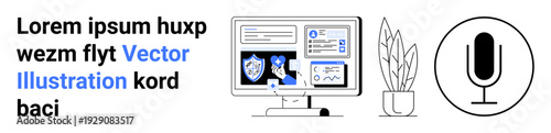 Cybersecurity, information technology, voice recognition, data privacy, remote work, office tools. Minimal design showing a monitor with shields, microphone icon and plant. Cybersecurity and remote