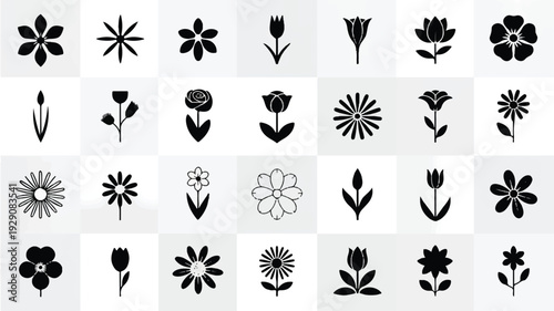 Collection of various flower silhouettes in black on gray squares
