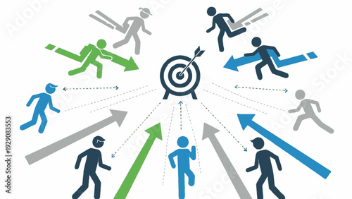 Diverse individuals running towards a central target, symbolizing collective goals and ambition.