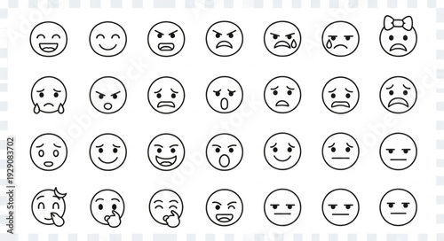 Collection of various outlined emoji faces expressing different emotions and feelings.