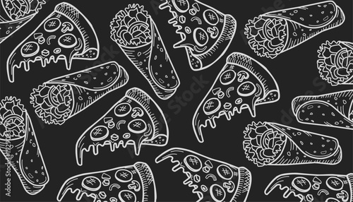 Pizza Pattern Design. Kebab Seamless pattern Slice Motif. Hand Drawn Outline. Decorative Food Background. Packaging Textile Use.