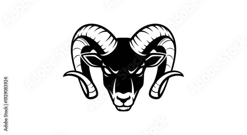 Intense Black Ram Head with Horns Vector Illustration.