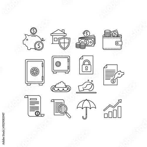 Collection of financial and security line icons representing savings, insurance, and investment.