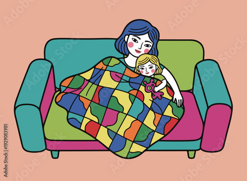 Mother and Daughter Snuggled on Couch