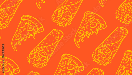 Pizza Pattern Design. Kebab Seamless pattern Slice Motif. Hand Drawn Outline. Decorative Food Background. Packaging Textile Use.