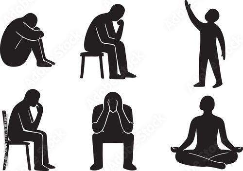 Silhouettes depicting various human emotions and postures of contemplation