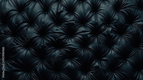 A close-up image of a black leather couch with tufted design.