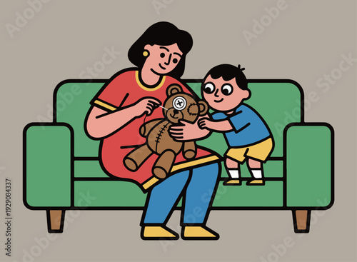 Mother Repairing Teddy Bear with Child