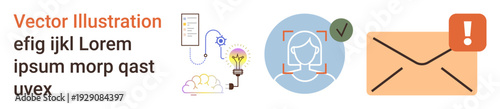 Digital security, identity verification, innovation, online communication, data protection, technology. Image with ID check, envelope alert and creative innovation icon. Identity verification