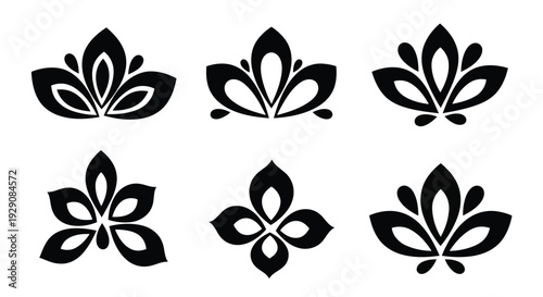 A collection of six distinct black and white floral designs arranged in a row