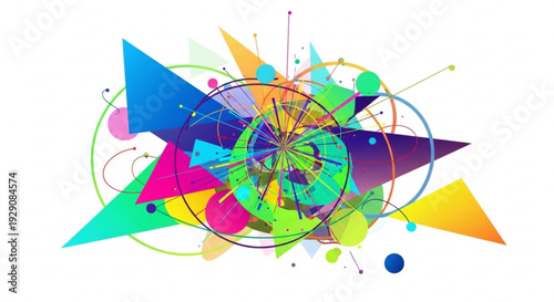 Vibrant abstract composition with colorful geometric shapes and swirling lines on white background conveying dynamic energy and creativity