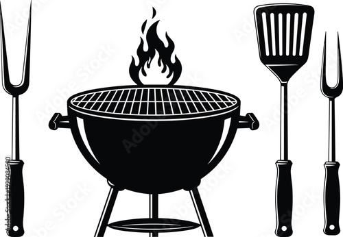 Barbecue grill with fire flame and cooking utensils silhouette for outdoor bbq party food preparation and summer picnic design.