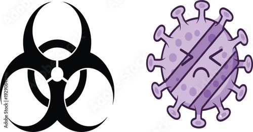 Biohazard symbol and angry cartoon virus character in flat vector illustration for infection warning, toxic danger sign and pandemic awareness design.