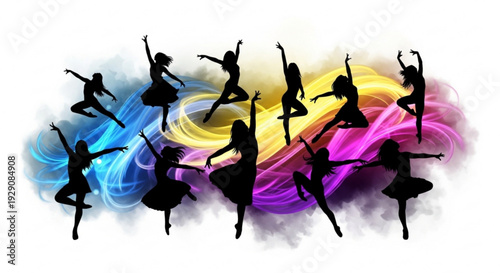 Silhouettes of multiple ballet dancers performing dynamic poses against a vibrant swirling background of blue yellow and pink hues conveying energy and movement