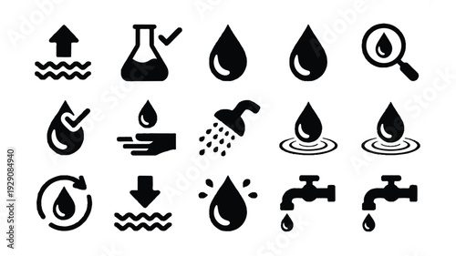 Collection of various water and liquid related icons on white background