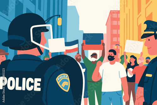 Illustration Of Police On Duty To Prevent Chaos In The Demonstration Crowd Vector Design Template