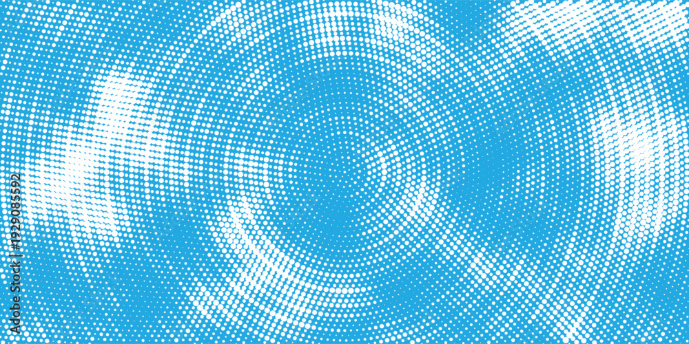 Fototapeta premium Abstract frost swirl background, icy blue and white halftone dots, radial frozen vortex pattern. vector design