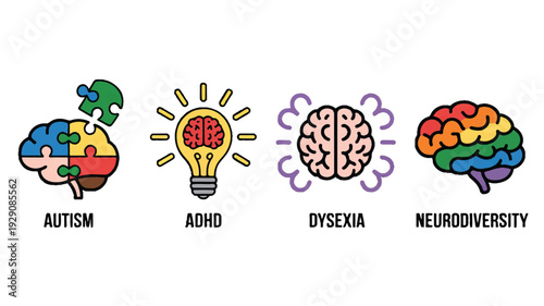 Colorful brain icons representing autism ADHD dysexia and neurodiversity conditions