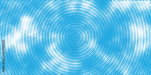 Abstract frost swirl background, icy blue and white halftone dots, radial frozen vortex pattern. vector design