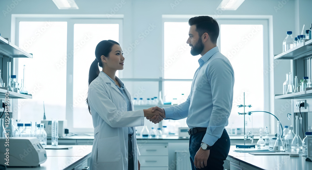 Obraz premium Medical professionals shaking hands in a modern laboratory setting symbolizing collaboration and healthcare partnership in a clinical environment with scientific equipment and bright natural light