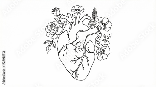 Wallpaper Mural Minimalist Continuous Line Drawing of Human Heart with Blooming Flowers Torontodigital.ca