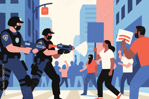 Illustration Of A Group Of Demonstrators Who Are Starting To Riot, And Two Police Officers Who Give A Warning By Firing Their Weapons Vector Design Template