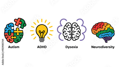 Colorful illustrations representing neurological conditions  autism ADHD dysexia neurodiversity