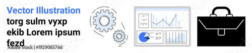 Gear mechanisms, data analytics dashboard with graphs and pie chart, black briefcase. Ideal for teamwork, strategy, planning, management, innovation, business operations simple landing page