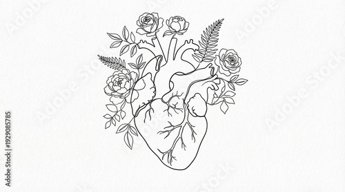 Wallpaper Mural Minimalist Continuous Line Drawing of Human Heart with Blooming Flowers Torontodigital.ca