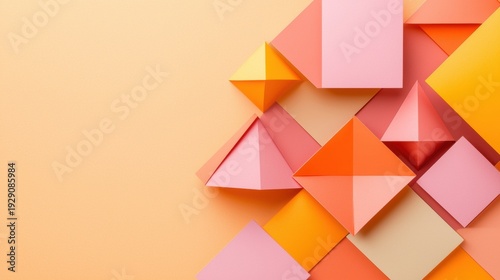 A vibrant geometric pattern of overlapping triangles in various shades of pink, orange, and yellow.