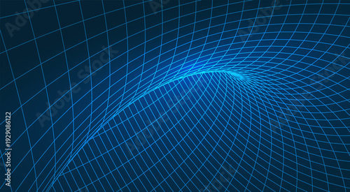 Modern UI, UX dashboard background with neon blue glowing 3D wireframe mesh tunnel and geometric perspective grid, technology interface vector illustration.