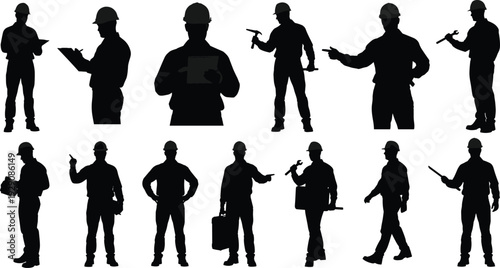 Set of Construction Worker Silhouettes Featuring Hard Hats, Tools, and Planning Activities in Black-and-White Industrial Artwork