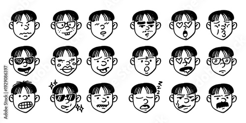 Set of 18 Random Funny Character Face Expressions. Humorous Human Emotion Pack in Bold Urban Graffiti Tag Style for Modern Streetwear Identity.
