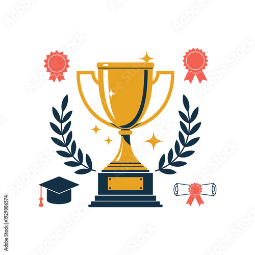 Golden Trophy Cup with Laurel Wreath, Ribbons and Graduation Cap Vector Illustration