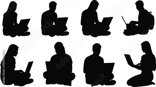 Set of Laptop User Silhouettes Featuring Individuals Sitting Cross-Legged with Computers in Black-and-White Digital Lifestyle Artwork