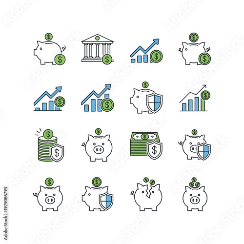 Collection of Piggy Bank and Financial Growth Icons.
