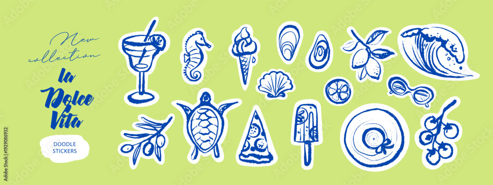 Naklejka premium Hand drawn sketch vacation sticker set. Dolce vita tropical summer vibe. Vintage Italy Mediterranean coastal collection. Vector isolated crayon illustration